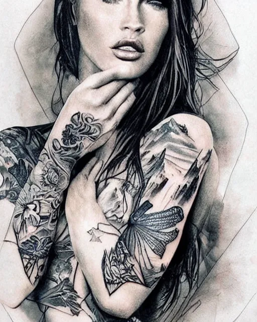 Image similar to double exposure effect tattoo design sketch of megan fox with amazing mountain scenery, realism tattoo, in the style of den yakovlev, amazing detail, sharp