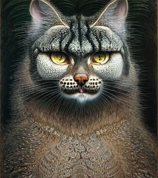 Image similar to detailed realistic beautiful manul portrait by jean delville, gustave dore, iris van herpen and marco mazzoni, art forms of nature by ernst haeckel, art nouveau, symbolist, visionary, gothic, neo - gothic, pre - raphaelite, fractal lace, intricate alien botanicals, ai biodiversity, surreality, hyperdetailed ultrasharp octane render