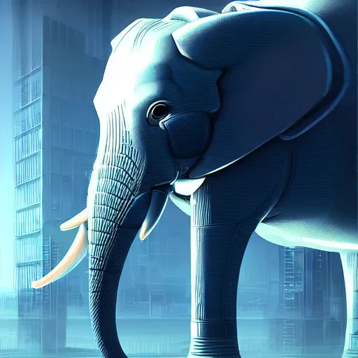 Prompt: hyper realistic futuristic cybertronic elephant. high details of body and face. complex realistic mechanical body. blue led. retro futuristic background cyberpunk style, natural realistic render, trending on art station, 8 k render alan lee, by artgerm.