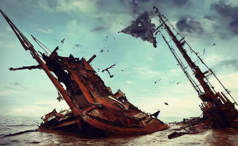 Image similar to “Pirate ship wreck falling from the sky, 4k, cinematic, award winning”