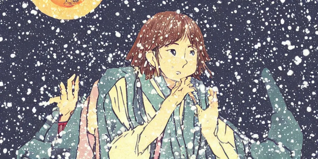 Prompt: JK girl face the huge god of mountain, snow, campfire, japanese manga style.