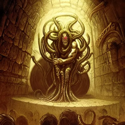 Prompt: encounter with medusa gorgon in a dungeon, d & d, fantasy, greg rutkowski, frank frazetta, alexandre chaudret, boris vallejo, michael whelan, miro petrov, hr giger, magali villeneuve, donato giancola