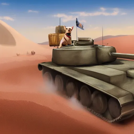 Image similar to An anthropomorphic dog driving a tank in a desert, ultra detailed, digital art, 4K