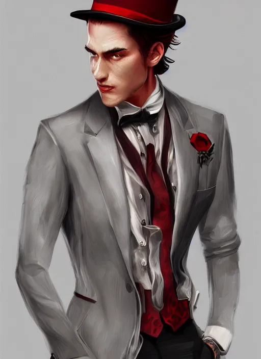 Image similar to a highly detailed illustration of stylish top hat wearing red haired attractive man, wearing suit vest, leaning back pose, intricate, elegant, highly detailed, centered, digital painting, artstation, concept art, smooth, sharp focus, league of legends concept art, WLOP