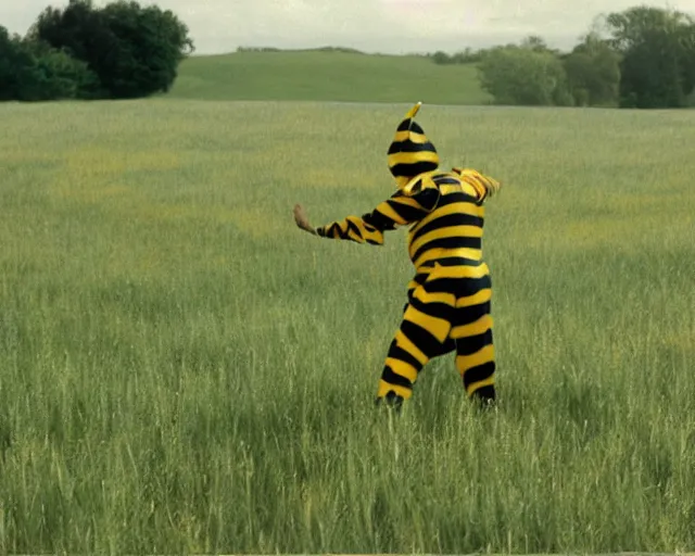 Image similar to William Dafoe dancing in the bee costume on the sunny meadow with clear sky, film still, very long shot, high detail