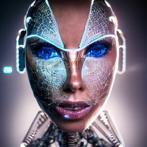 Image similar to beautiful centered Fine art photo portrait of enrapture Allison Parker as a solarpunk robotic humanoid, white mechanical parts with led lights, photorealistic, white background, highly detailed and intricate, sunset lighting, HDR 8k