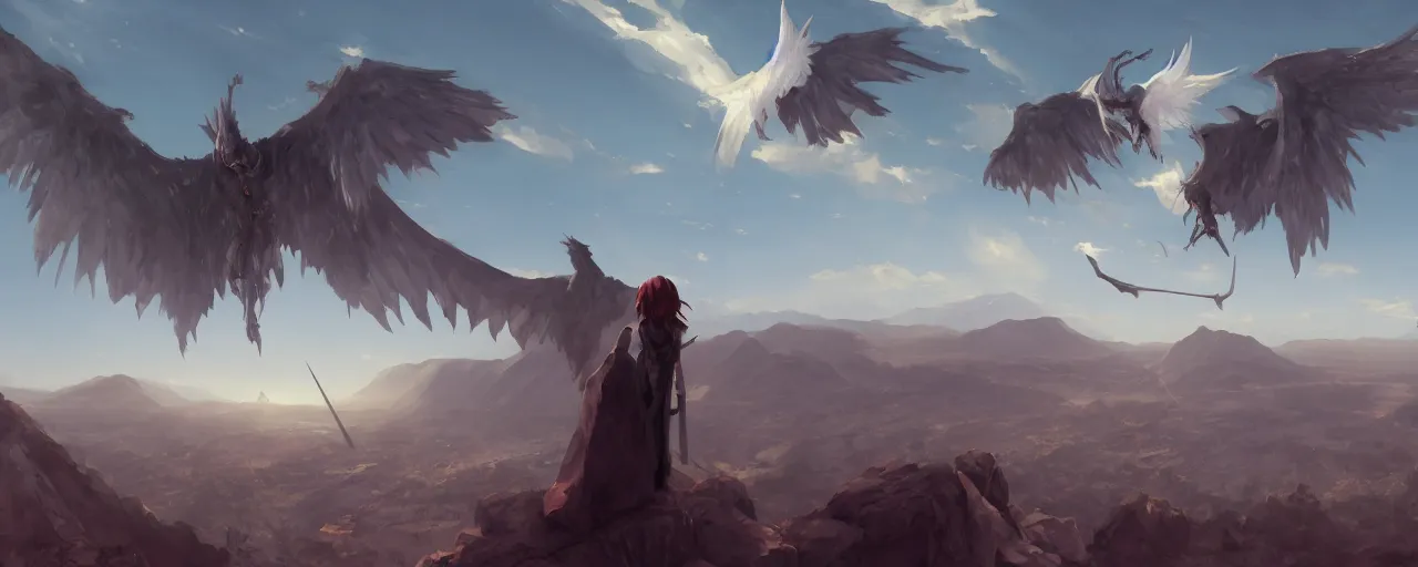 Image similar to satan unrurls his enormous wings overlook over the plains of golgotha, digital art, dark palette pokemon sword and sheild atmosphere by marby kwong, ( ( ( ( ( ( ( makoto shinkai raphael lacoste martin deschambault finnian macmanus artstationhq iamag