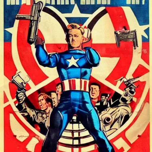 Image similar to the avengers 2012 in a 1950's URSS Communist poster of propaganda