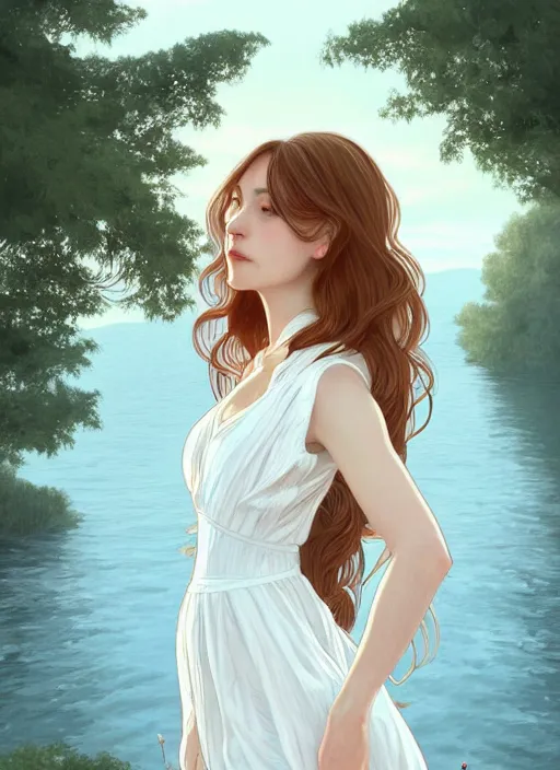 Image similar to long shot, woman posing, short wavy hair, round face, intricate white dress, lakeside, cottagecore!!, intricate, enlightened, highly detailed, digital painting, artstation, concept art, smooth, sharp focus, illustration, inspired by artgerm, by marat safin, and alphonse mucha