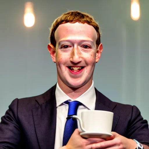 Prompt: mark zuckerberg holding a coaster up to the camera