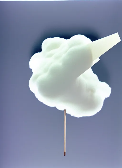 Image similar to realistic photo of a scientific model of white cloud made of white clay, mounted to a wooden stick, front view 1 9 9 0, life magazine reportage photo, metropolitan museum photo