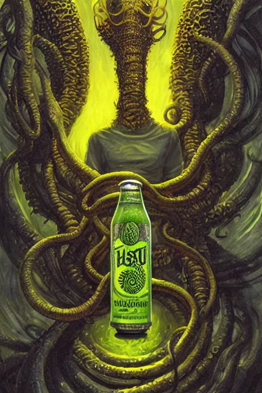 Prompt: Hastur drinking a can of Natural Light Beer, character art, concept art, painting by Gerald Brom, the king in yellow, eldrich tentacle monster