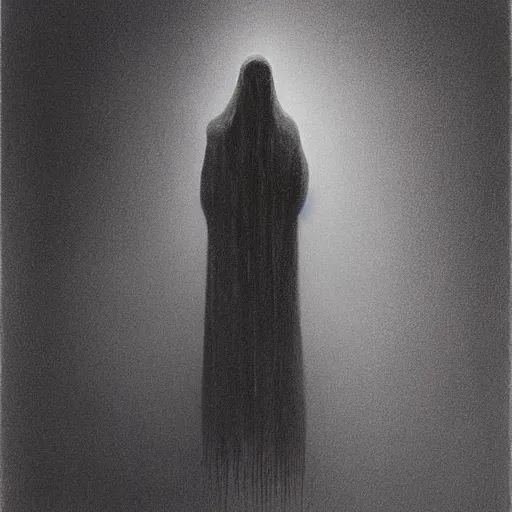 Prompt: Damp commuter ghost. Zdzisaw Beksinski.