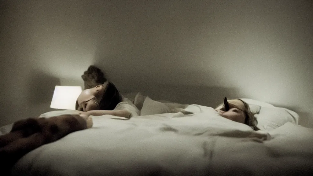 Prompt: movie still of girl having sleep paralysis, cinematic composition, cinematic light, criterion collection, by david lynch and emanuel lubezki