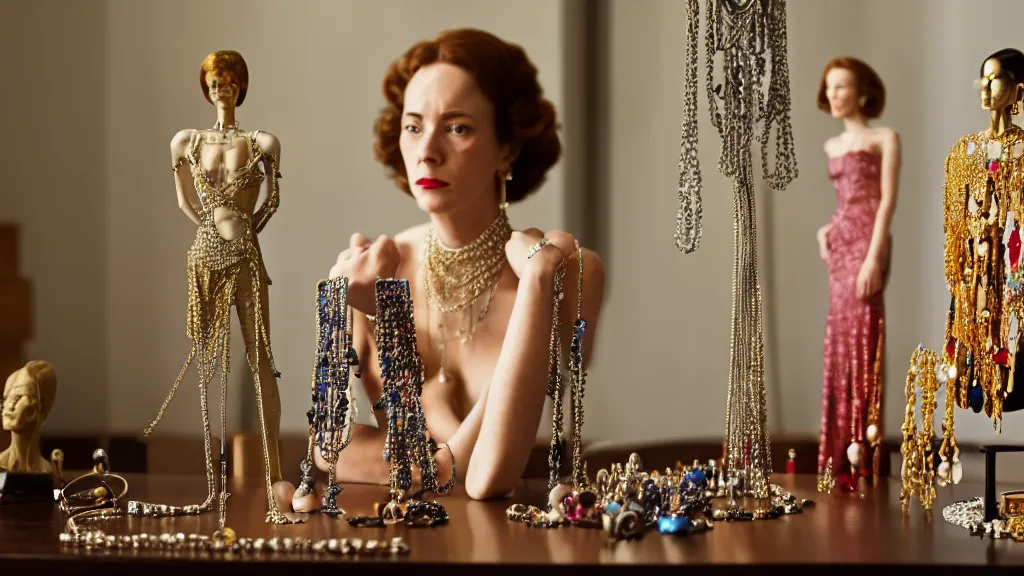 Image similar to a woman made of jewelry stands in the living room, film still from the movie directed by Denis Villeneuve with art direction by Salvador Dalí, wide lens, 4K, realistic