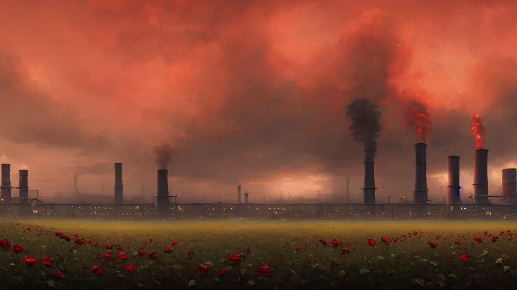 Image similar to super wide, big scene, a beautiful painting of a factory with smoking chimneys, red rose fields, dark style, little roses, very detailed, soft light effect, by thomas wrede and greg rutkowski and thomas heatherwick, 4 k hd, trending on artstation ， ultrawide viewn and highly detailed