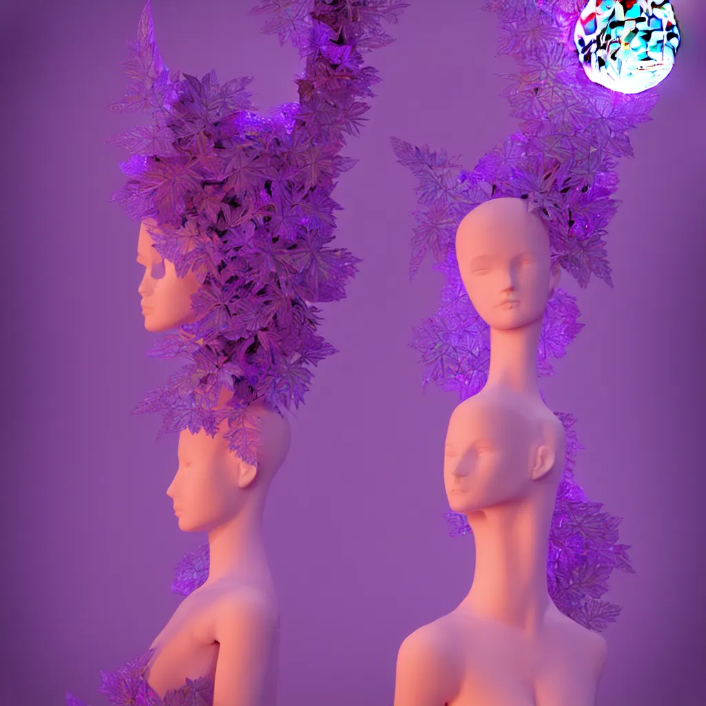 Image similar to beautiful mannequin sculpted out of amethyst by billelis + lit with 3 d geometric neon + facing a doorway opening with neon pink geometric fractal light + flowering hosta plants!!!, moon in background!, rule of thirds, clean linework, dramatic, award winning, 4 k, trending on artstation, photorealistic, volumetric lighting, octane render