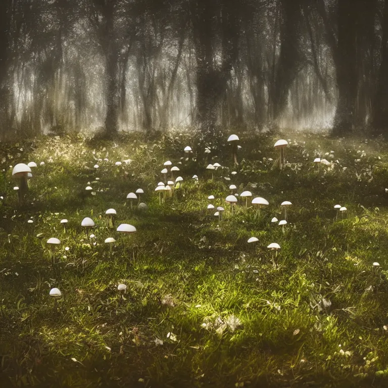 Image similar to a planet of various fungus like trees, mushrooms, flowers and plants, artistic photography, conceptual, long exposure outside the city, volumetric light