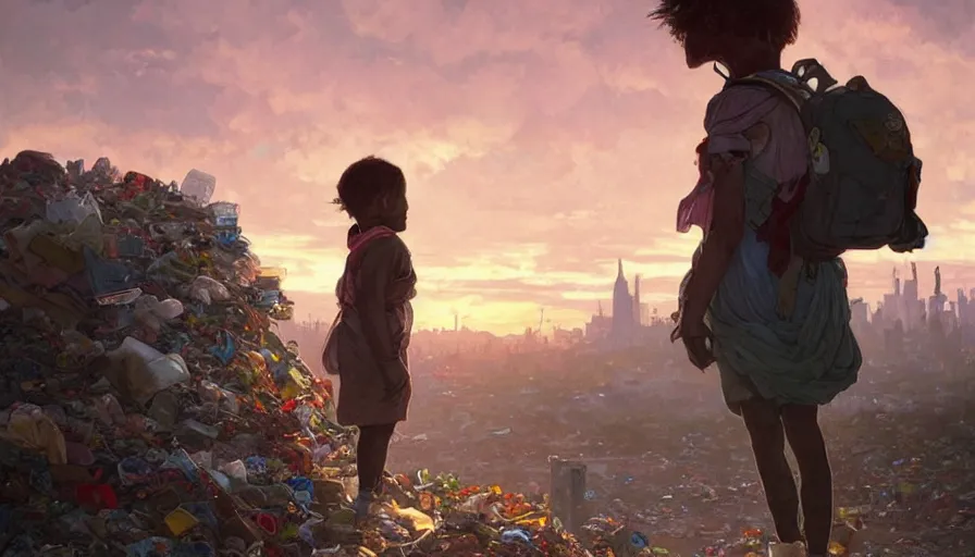 Image similar to poor detailed child with backpack looking for food at garbage dump, city is pure wasteland, sunset in background, greg rutkowski, alphonse mucha, trending on artstation, artgerm, breathtaking, award winning, highly detailed 4 k art