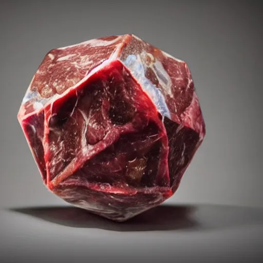 Image similar to d20 made of meat, dnd, dice, dungeons and dragons, steak, beef, oily, glisten, juicy, gaming, in the style of food photography, food stylist, monster manual,