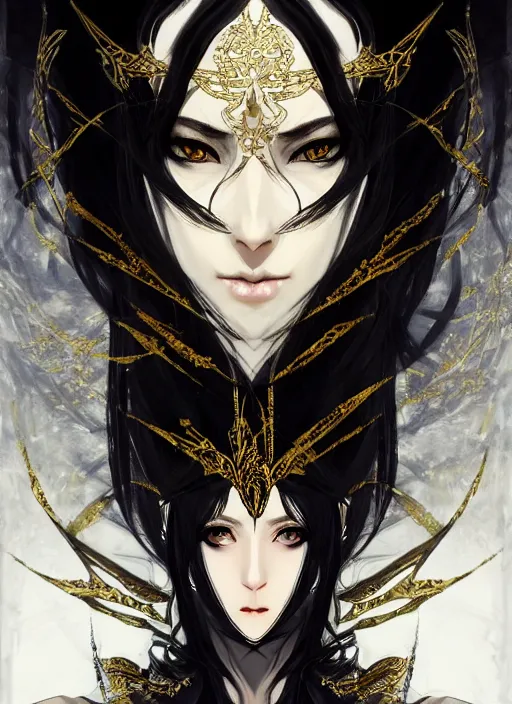 Image similar to Half body portrait of a beautiful elven healer with long straight black hair wearing ornate white and gold attire. In style of Yoji Shinkawa and Hyung-tae Kim, trending on ArtStation, dark fantasy, great composition, concept art, highly detailed, dynamic pose.