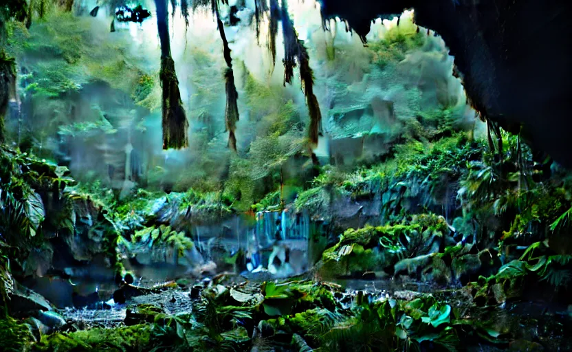 Image similar to a beautiful render of a dark prehistoric rainforest in a humongous cave, lush flora, patches of sky, sunset, floating mountains and a waterfall in the background, intricate detail, hazy, humid, volumetric lighting, 8 k, photorealistic, raytracing effects, unreal engine 5