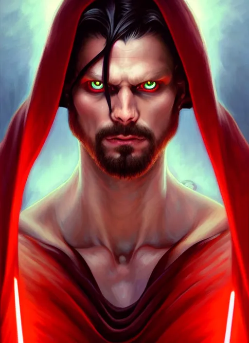 Image similar to symmetry!! Night!! portrait of a man, long hair, glowing red eyes!! Sith, evil! muscular, robes! intricate, elegant, highly detailed, digital painting, artstation, concept art, smooth, sharp focus, illustration, art by artgerm and greg rutkowski and alphonse mucha