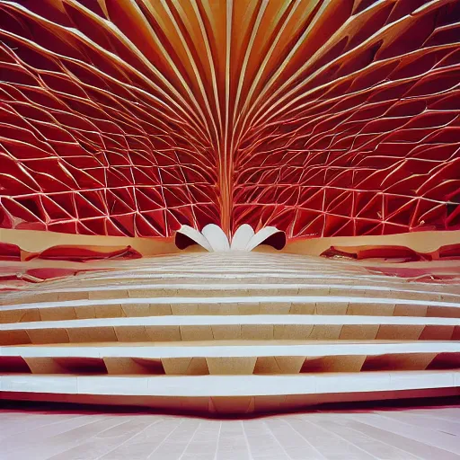 Image similar to interior of a futuristic lotus temple with gold, red and white marble panels, in the desert, by buckminster fuller and syd mead, intricate contemporary architecture, photo journalism, photography, cinematic, national geographic photoshoot