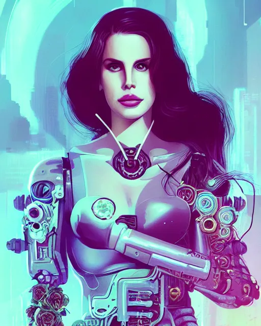 Image similar to portrait of lana del rey as a cyberpunk cyborg. roses, sci - fi, intricate abstract, upper body, intricate artwork, by tooth wu, wlop, beeple, dan mumford. concept art, 8 k octane render, deviantart, greg rutkowski, cinematic, key art, hyperrealism, iridescent accents