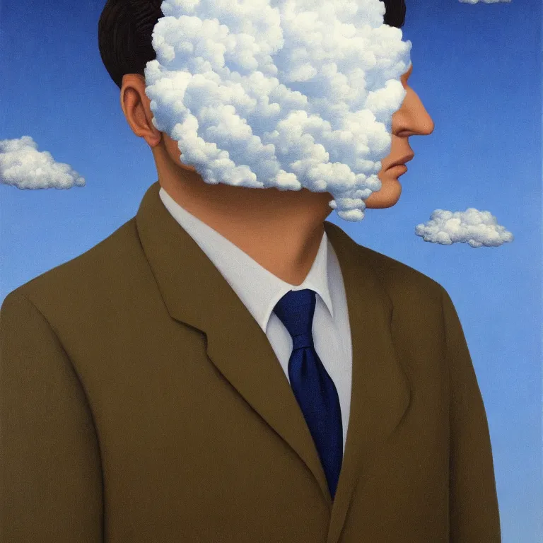 Image similar to portrait of man in a suit with cloud hiding his face by rene magritte, detailed painting, hd, hq, high resolution, high detail, 4 k, 8 k