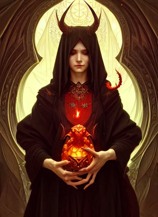 Prompt: a beautiful satanic sorcerer holding a small dragon, intricate, sharp focus, illustration, highly detailed, digital painting, concept art, matte, art by wlop and artgerm and greg rutkowski and alphonse mucha, masterpiece