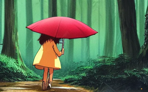 Image similar to a young girl with her large pet capybara walking through the forest, raining, holding umbrella, side view, art by hayao miyazaki, studio ghibli film, 4k, hi res, high detail