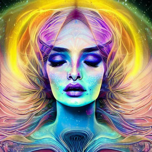 Image similar to a silk portrait of kim petras with her eyes closed, galaxy colored psychedelic chakra awakening kundalini ethereal vibes, transcending to a higher plane of existence, eternal blessing, multiverse, visionary art, by android jones, artstation, deviantart