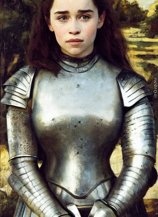 Prompt: young emilia clarke wearing silver armour, oil painting by titian, hard focus