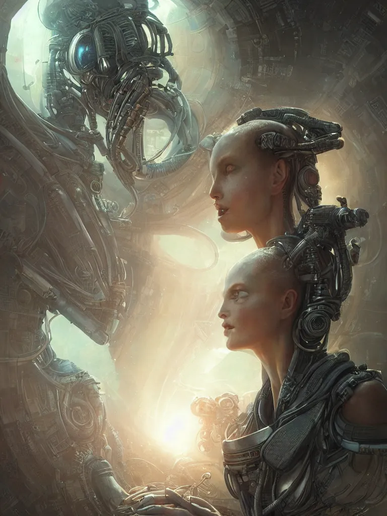 Image similar to a hyperrealistic cyberpunk portrait of a gorgeous woman in the movie Alien, in a derelict spaceship and fractal sunlight, award-winning, masterpiece, in the style of Tom Bagshaw, Cedric Peyravernay, Peter Mohrbacher