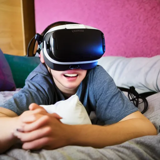 Prompt: a stock photo of a teenage boy laying in bed with a bunch of stuff wearing a VR-headset, featured on flickr, cluttered room