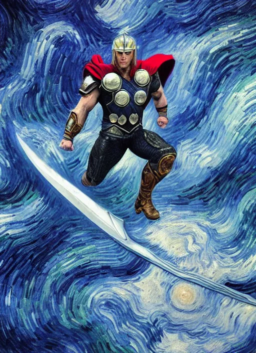 Image similar to 3d render of close-up of Thor conjuring a violent royal blue thunder, a floating iridescent blade sword of chaos from God of War in the center, intricate, wearing a luxurious futuristic airforce suit, elegant, digital painting, concept art, smooth, sharp focus, illustration, by Vincent van Gogh