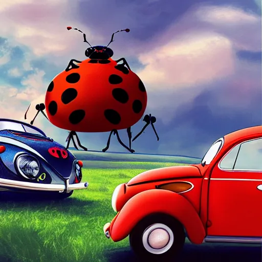 Image similar to a hybrid giant lady bug is merged with'herbie the love bug'car, digital art, phtorealistic, imax, 7 0 mm, movie still
