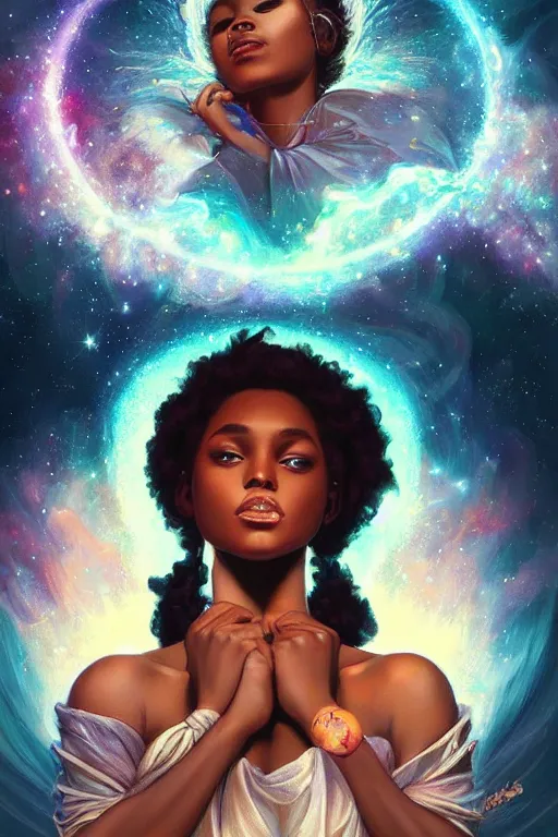 Image similar to beautiful black girl magic, shining glory in front of nebulae bursting halos, crisp digital painting by artgerm, by mucha by caravaggio and face by wlop