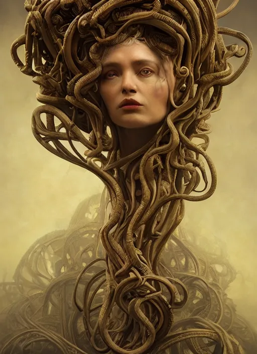 Prompt: medusa, wooden art nouveau swirls, strong subsurface scattering, cables, tubes, subsurface scattering, in the style of ruan jia and tomasz alen kopera and giger, subsurface scattering, mystical colors, rim light, dramatic lighting, 8 k, stunning scene, raytracing, octane render, trending on artstation