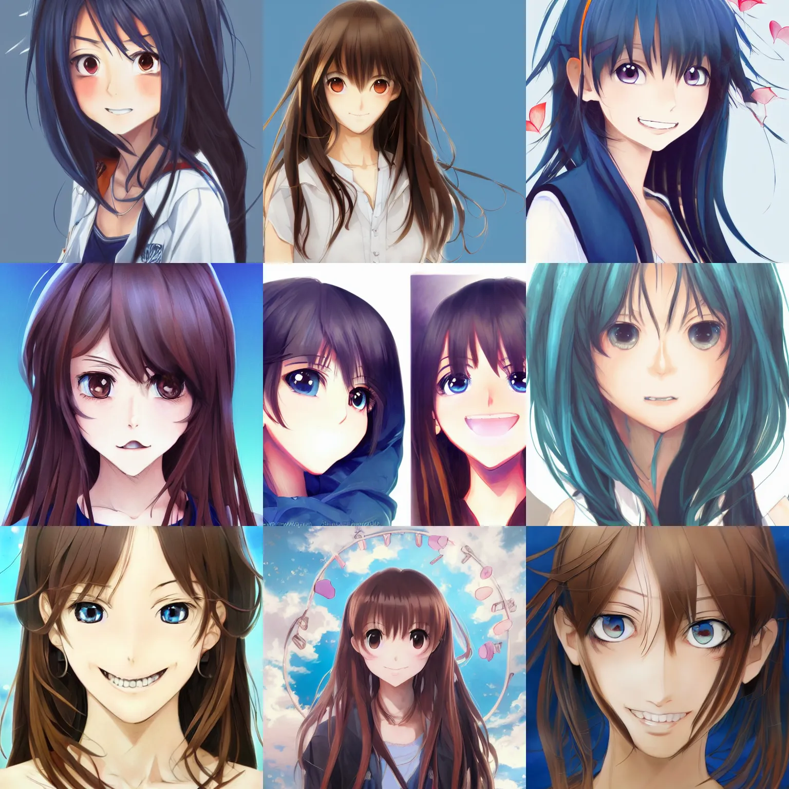Prompt: An anime drawing of a happy beautiful woman with straight brown hair, bright blue eyes, without glasses, smiling, showing teeth, and her whole head fits in the frame, by Stanley Artgerm Lau, WLOP, Rossdraws, James Jean, Andrei Riabovitchev, Marc Simonetti, and Sakimi chan, trending on artstation