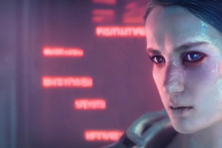 Image similar to VFX movie of a cyberpunk hacker closeup portrait in high tech compound, beautiful natural skin neon lighting by Emmanuel Lubezki