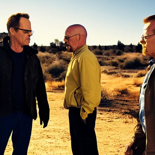 Image similar to movie still of Jack Bauer and Walter White arguing, 4k, golden hour