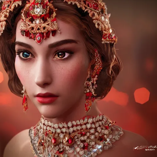 Image similar to photograph of wonderful princess with smooth fair skin, alluring eyes, red jewelry, breathtaking, elegant, ornate, intricate, hyper detailed, accent lighting, dramatic light, 4 k octane render