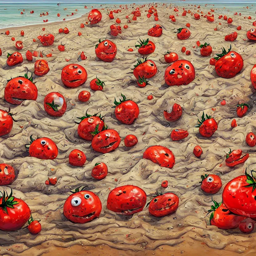 Image similar to a funny high resolution oil painting with dirty old brush of a lazy red burning and melting tomatos with googly eyes on a sunset beach to hot for the sun, big piles of strawberry icecream in cones falling from the sky by james jean