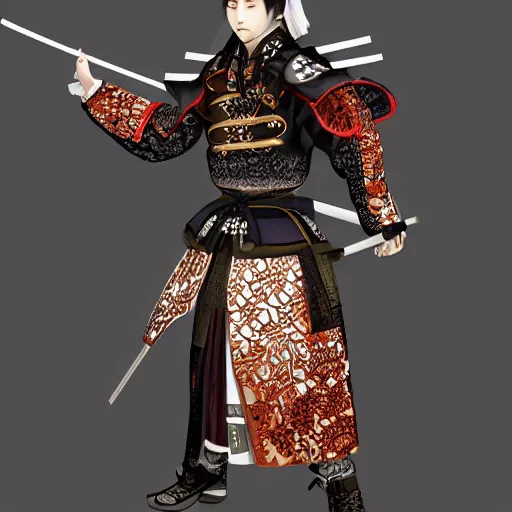 Image similar to Full body profile of Male Victorian Gothic Samurai Genshin Impact character, hd, intricate,8k, digital art