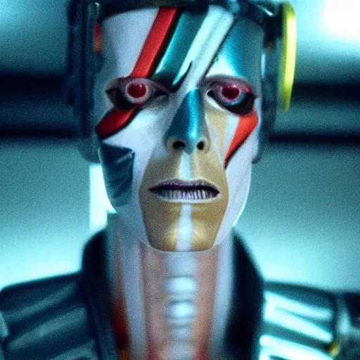 Image similar to movie still of cyborg david bowie, cinematic composition, cinematic light, criterion collection, by edgar wright