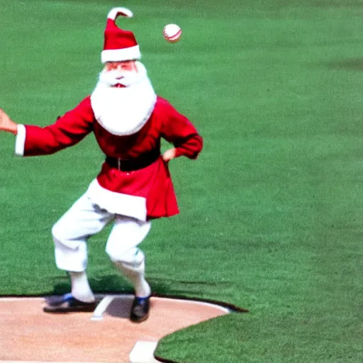 Prompt: jolly old saint nicholas playing baseball at dodger stadium, espn photo