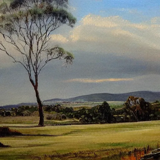 Image similar to a landscape painting of canberra by fred mccubbin