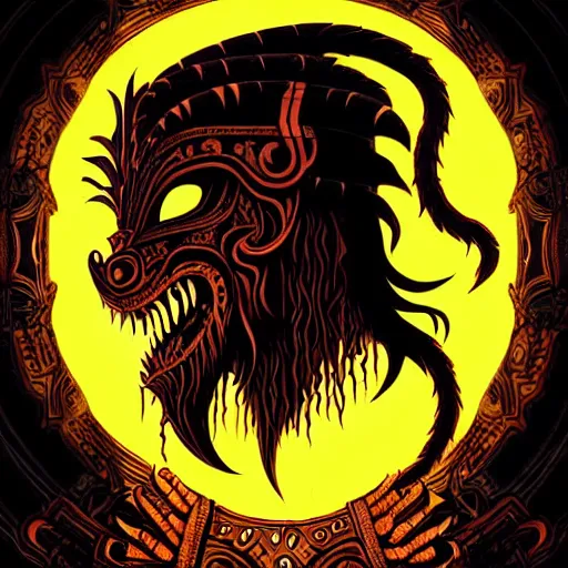 Image similar to side profile of barong family member, wiwek, mara demon, one single tribe member, jungle, one single mask, dark, ancient warrior, werewolf, tribal, inner glow, art by dan mumford and justin gerard